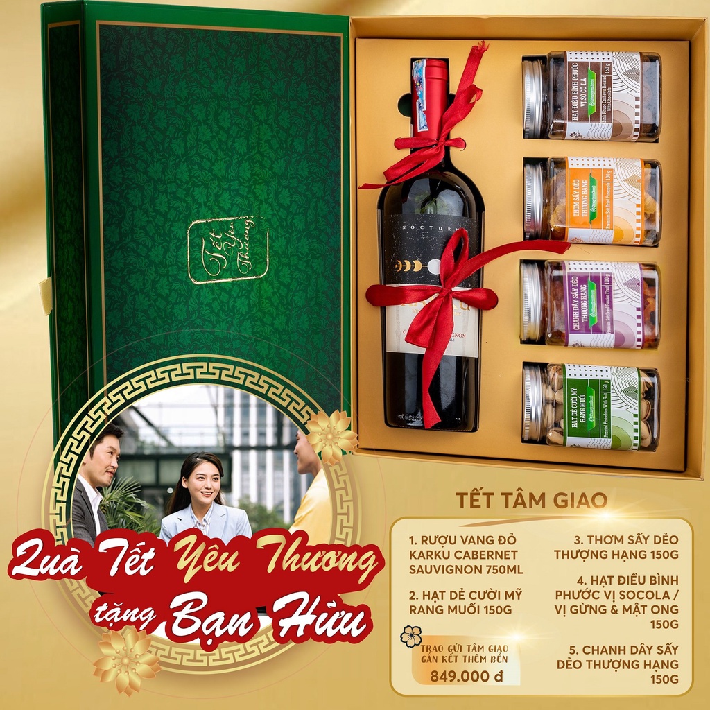 Hộp quà Tết Tâm Giao Nonglamfood cao cấp gồm rượt vang, hoa quả sấy, hạt dinh dưỡng tặng gia đình, cơ quan