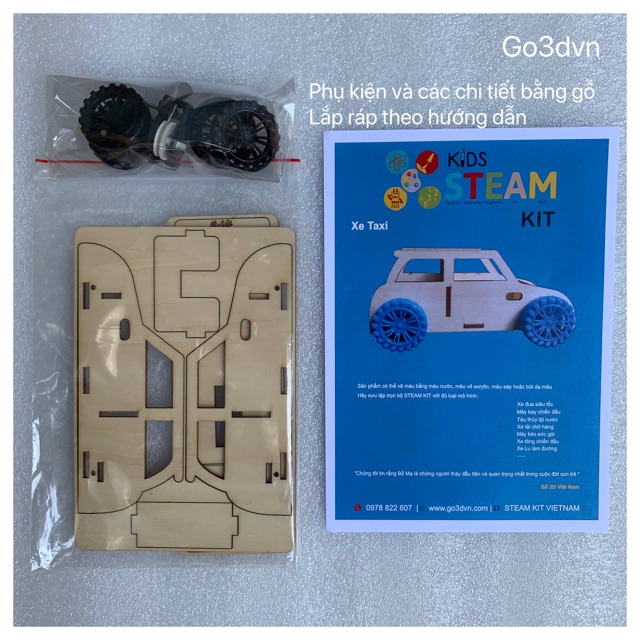 Đồ chơi STEM lắp ghép bằng Gỗ - Xe taxi chở khách-Made in VN
