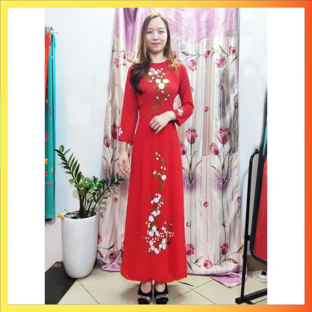 ÁO DÀI TRUYỀN THỐNG THÊU HOA TRẮNG, ÁO DÀI TRUNG NIÊN AD2TCFĐ2