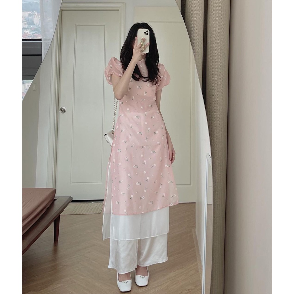 Áo dài cách tân nữ mặc tết hoa nhí đẹp truyền thống size S M L