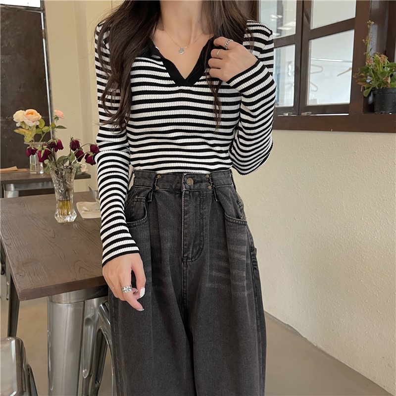 SUXI Áo Polo Dệt Kim Kẻ Sọc Màu Sắc Tương Phản Phong Cách Hàn Quốc Cho Nữ