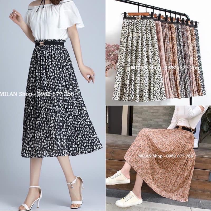 chân váy hoa dập li 2 lớp quảng châu kèm đai