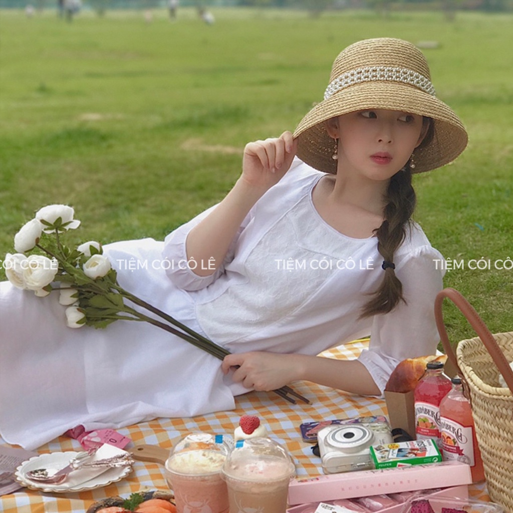 Nón cói chuông cao cấp phối đai đính hạt trai sang chảnh đi biển, chụp hình - Tiệm Cói Cô Lê