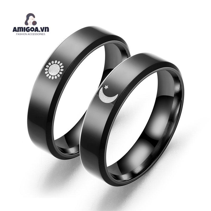 ✨✨ Nhẫn Thép Không Gỉ Màu Đen Họa Tiết Mặt Trăng / Mặt Trời Thời Trang Cho Cặp Đôi