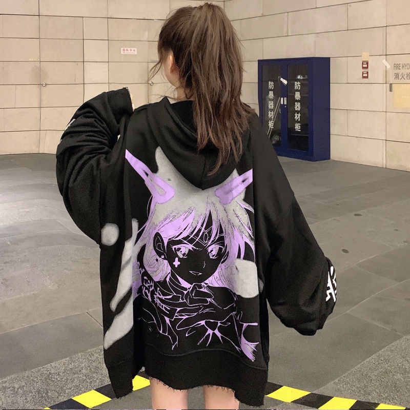 Áo Hoodie Dáng Rộng Họa Tiết Anime Phong Cách Hiphop Cá Tính Cho Nữ