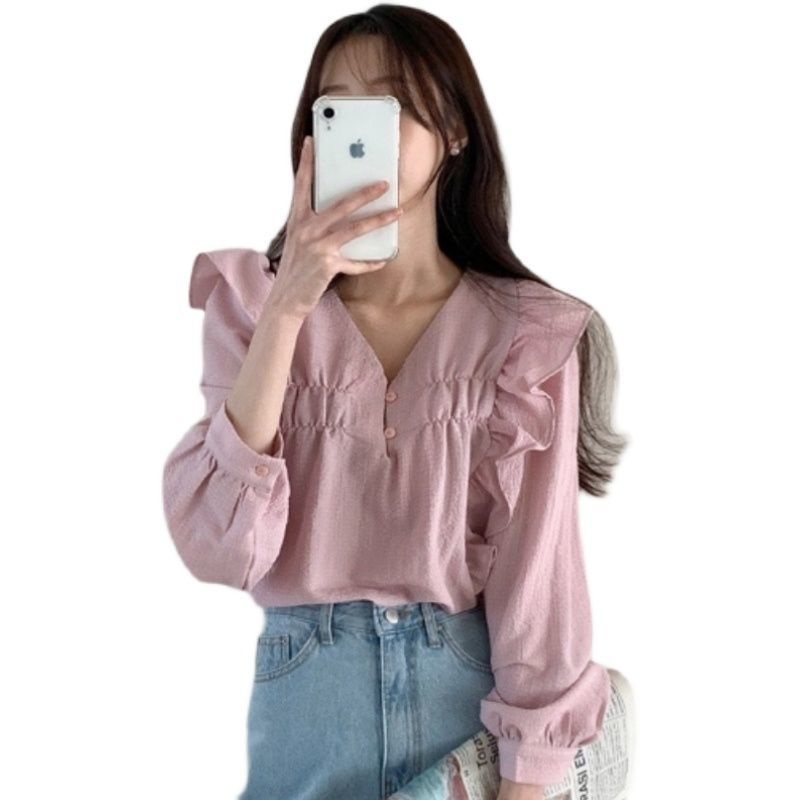 Áo Sơ Mi Tay Dài Cổ Chữ V Phong Cách Phương Tây Thanh Lịch Cho Nữ