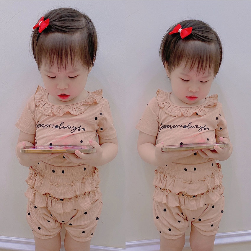 Bộ Quần Áo Trẻ Em Cộc Tay FOREVER ALWAYS Chấm Bi Bèo Vải Tăm Lạnh Cho Bé Gái Từ 8-20kg
