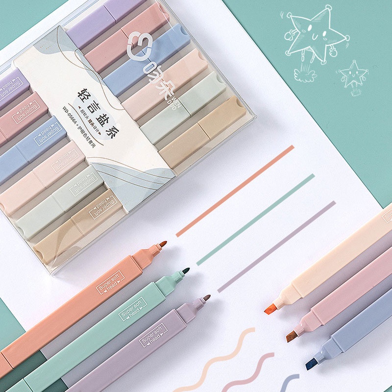 Set 6 Bút Dạ Quang Hai Đầu Mềm Mại Màu Sáng DIY Đa Ứng Dụng