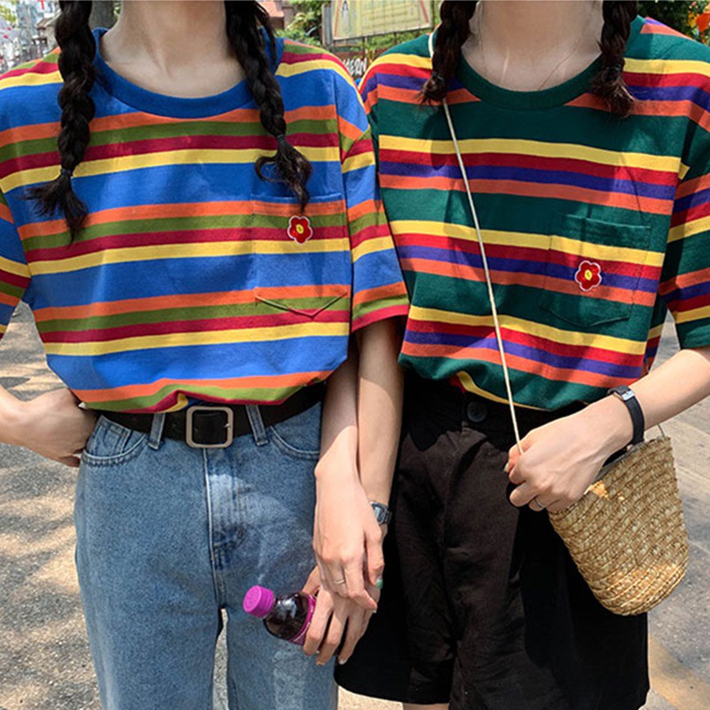 Áo Phông Áo Croptop Áo Thun Nữ Cổ Tròn Sọc Cầu Vồng
