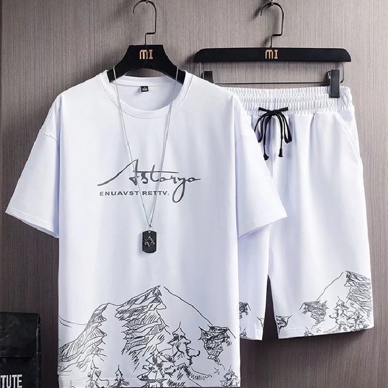 Set Đồ Thể Thao Hai Món Gồm Áo Thun Tay Ngắn Dáng Rộng In Họa Tiết Phong Cách Hip Hop Nhật Bản Thời Trang Mùa Hè Cho Nam Cỡ Lớn【M-3XL】