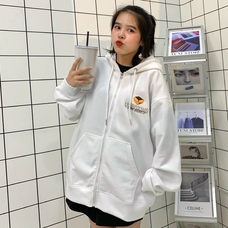 Áo Khoác Hoodie Zip Nỉ Bông UNBOXING màu ĐEN/TRẮNG  Nam nữ unisex  ÁO HOODIE dây kéo Jaystoree