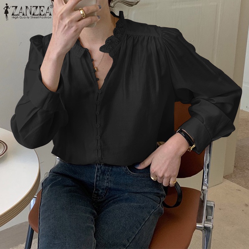 Áo sơ mi nữ ZANZEA tay dài cổ đứng viền ren thời trang Hàn Quốc
