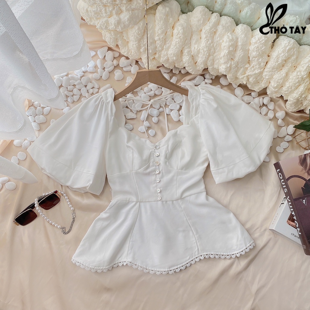 Áo kiểu tay phồng đính nút THỎ TÂY A399X174