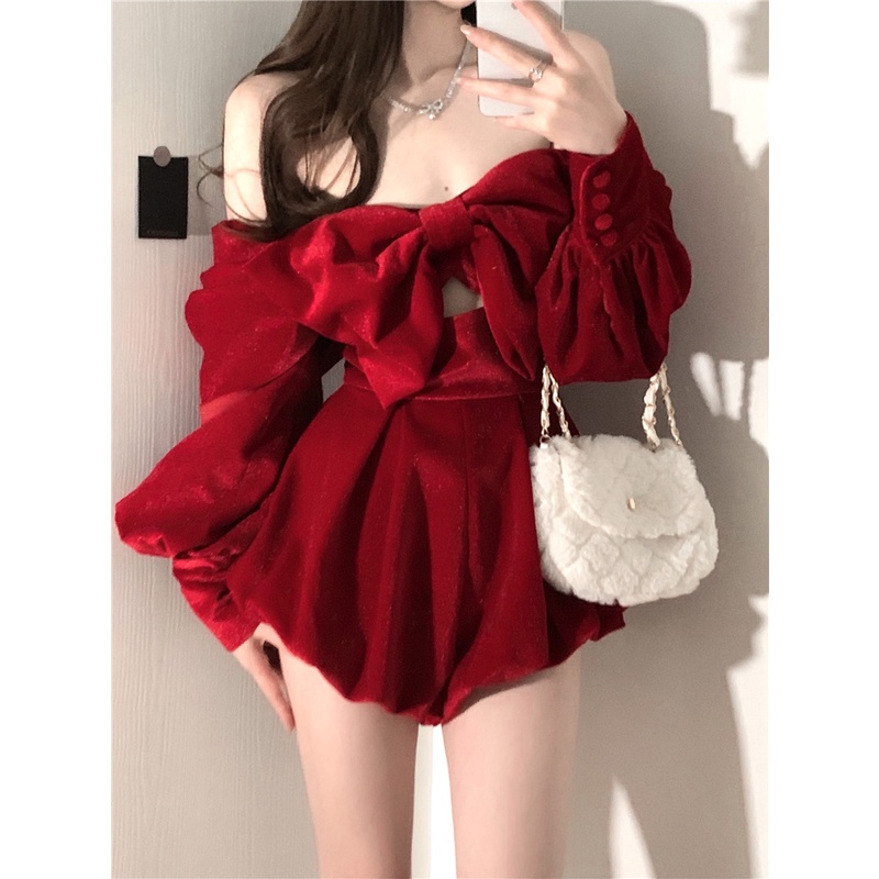 Jumpsuit trễ vai hở lưng sexy gợi cảm đỏ noel giáng sinh tết nơ khoét lỗ nhung công chúa tay dài ngắn short ulzzang