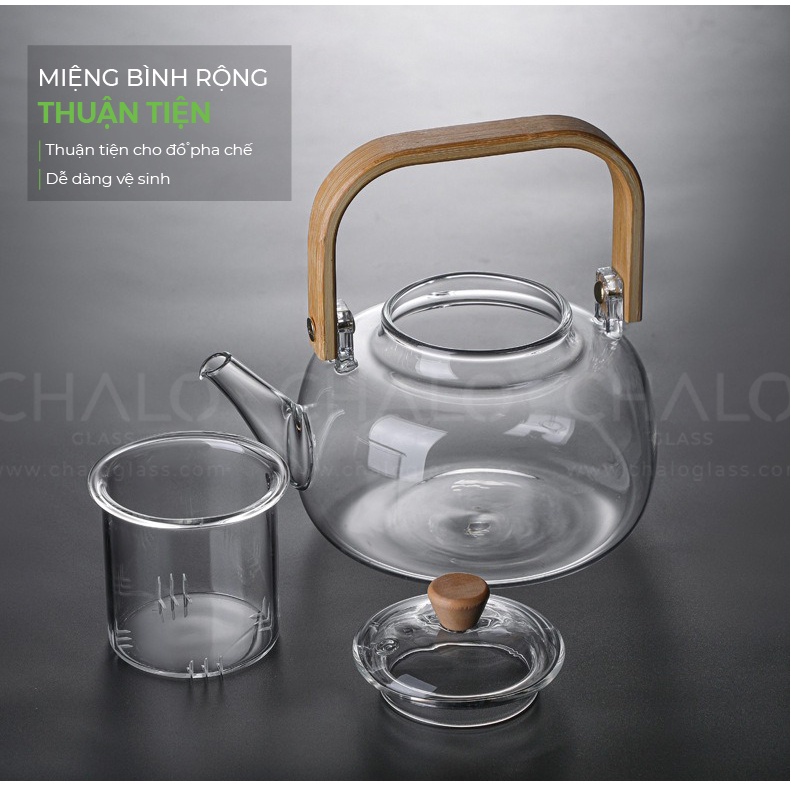 Bình trà thủy tinh chịu nhiệt quai gỗ - 1000ml  - BINH-06