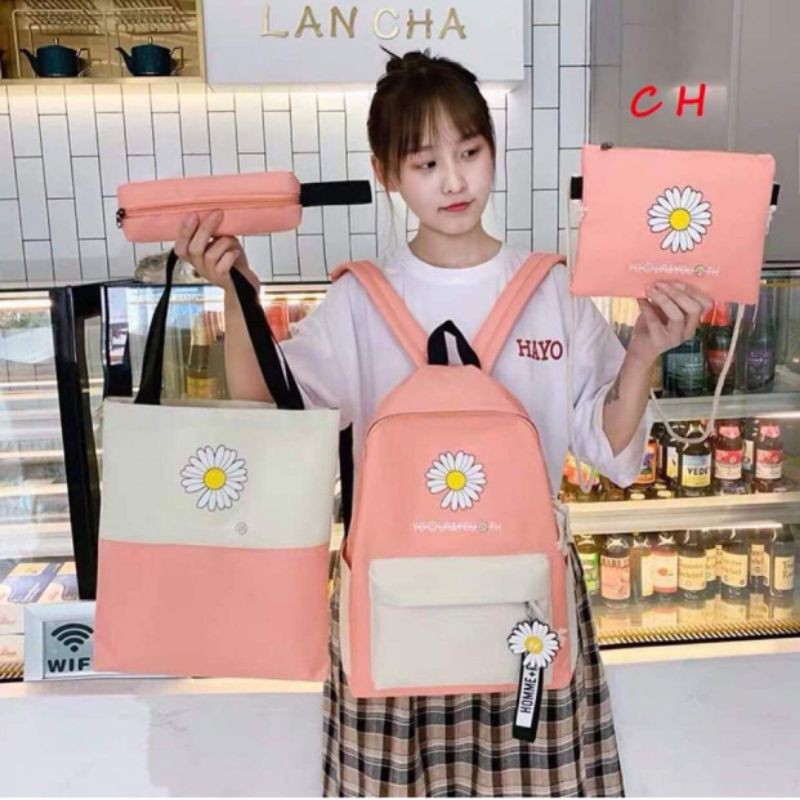 set 4 balo ulzzang thời trang nam nữ - balo học sinh đi học , đi chơi - balo hoa cúc unisex basic