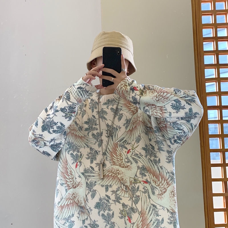 Áo Sweater Dệt Kim Dáng Rộng In Hình Chim Hạc Phong Cách Hàn Quốc Thời Trang Xuân Thu Năm 2021 Cho Nam