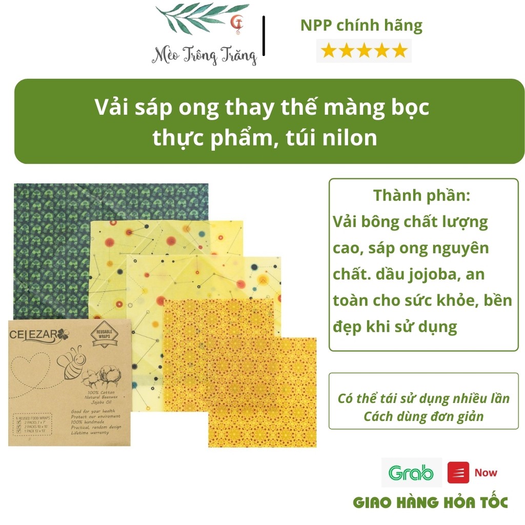 Set màng bọc thực phẩm, vải sáp ong 100% nguyên liệu an toàn, sử dụng nhiều lần, an toàn cho sức khỏe