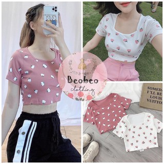 Áo thun croptop in hoa cổ u 2 màu ulzzang