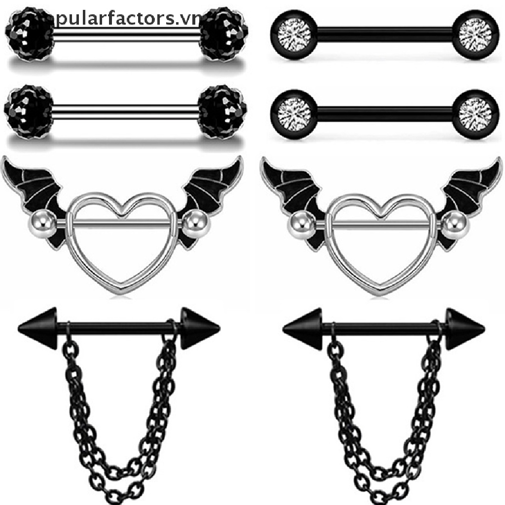 Set 2 Khuyên Nhũ Hoa Bằng Thép Không Gỉ Hình Trái Tim