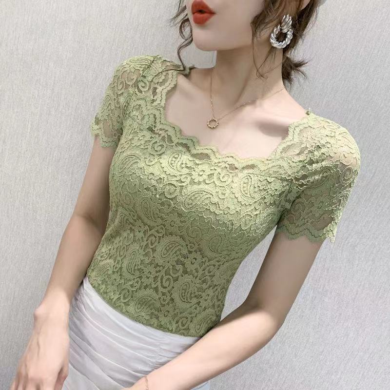 Áo Thun Ngắn Tay Cổ Vuông Phối Ren Phong Cách Mới Cho Nữ