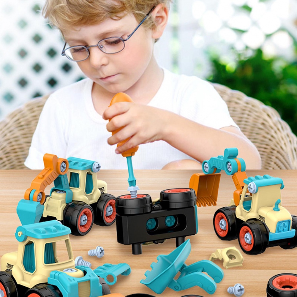 Bộ 4 mô hình xe cần cẩu đồ chơi màu xanh dương cho bé 3-5 tuổi