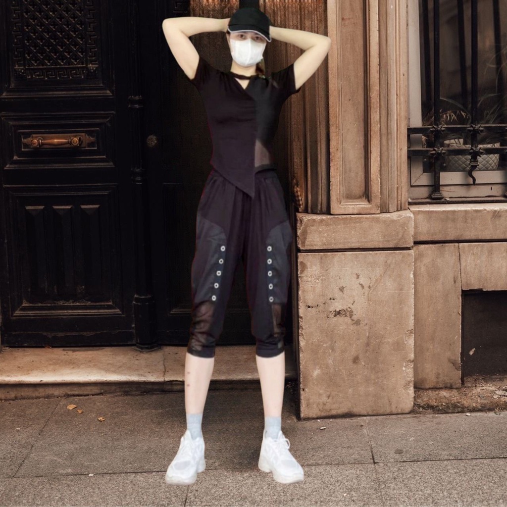 Set Quần Áo Nữ GAHIKHA Áo Khoet Cổ Vạt Lệch Đan Lưới Kết Hợp Quần Dập Cúc Giả Chất Cotton