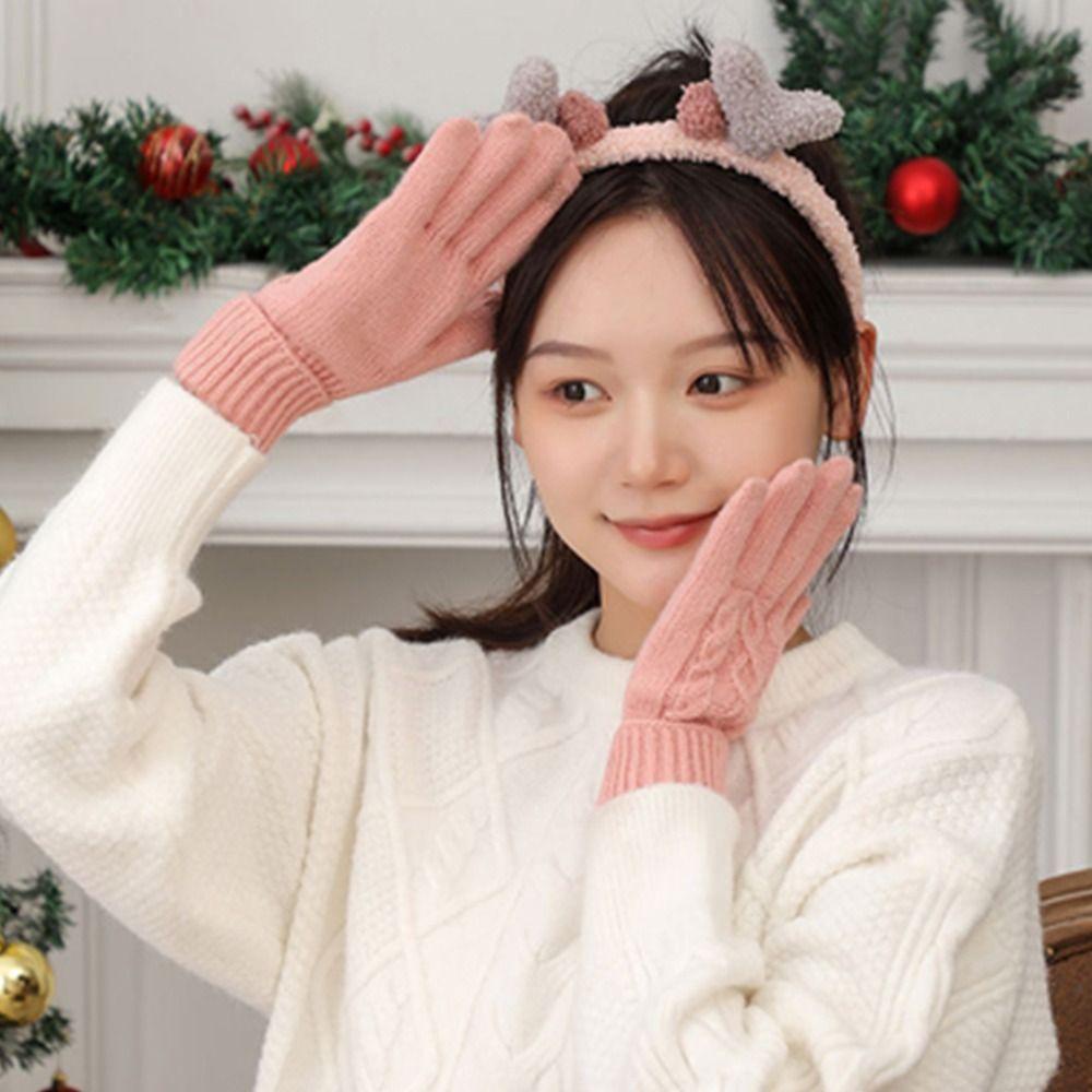 Găng Tay Dệt Kim Màu Ngà Chống Lạnh Thời Trang Có Thể Chạm Màn Hình Cảm Ứng