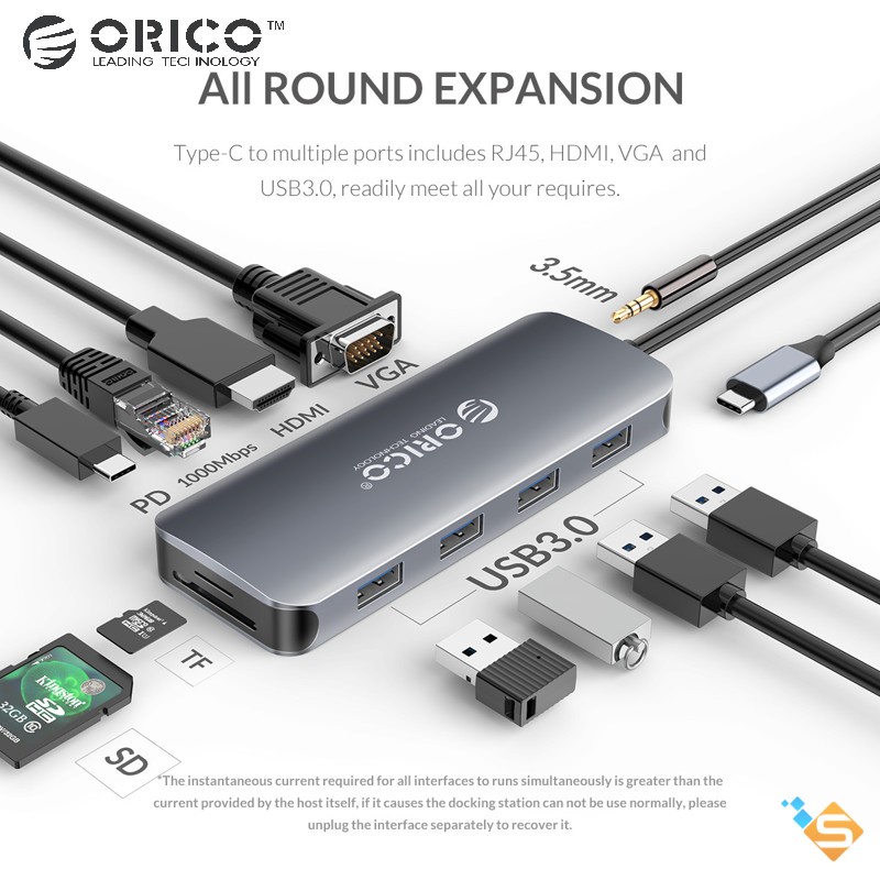 Bộ Chia Cổng USB 3.0 Type-C 11 trong 1 ORICO USB * 3 HDMI VGA LAN TF/SD Audio PD 100W Cho MacBook UltraBook - BH 1 Năm