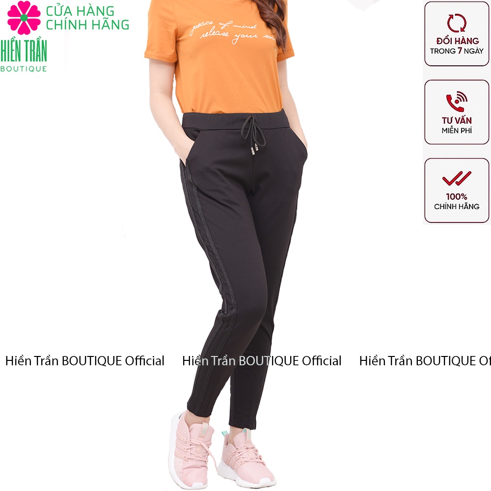 Quần jogger nữ Hiền Trần BOUTIQUE dáng dài cạp chun dây buộc, sọc kim tuyến 2 bên