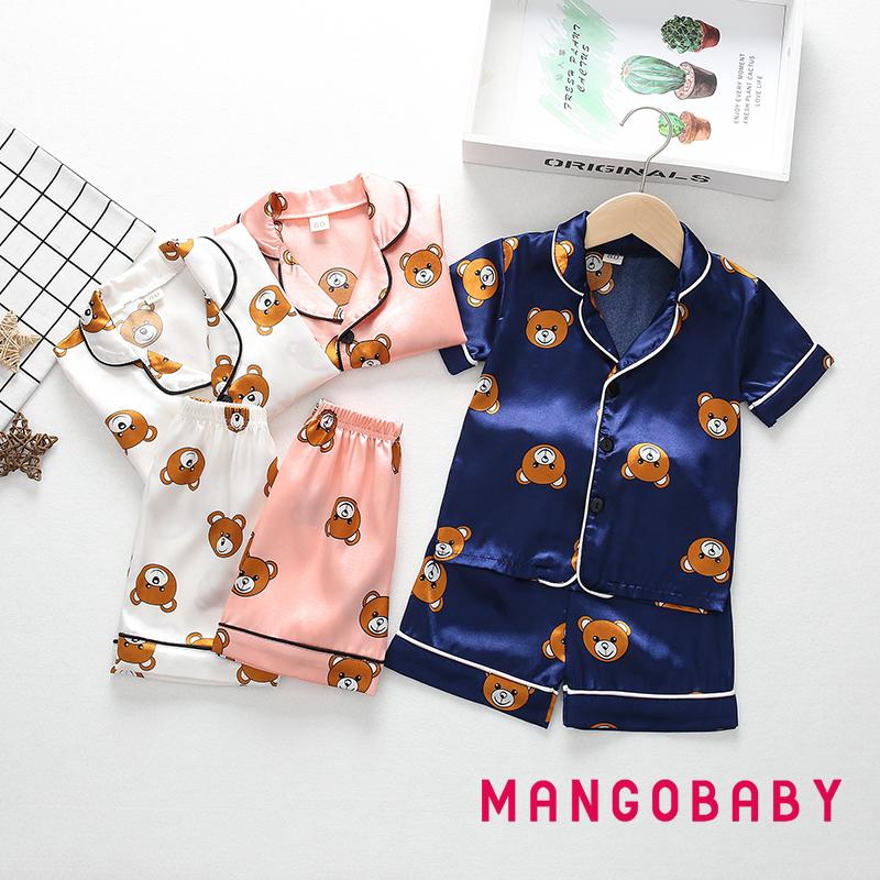 ♬MG♪-Children Cartoon Bear Two-piece Pajamas Girls Short Sleeve Lapel Top with Button Elastic Waistband Shorts Set