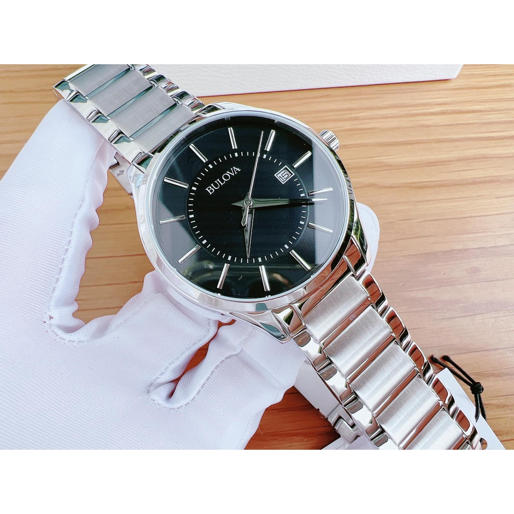 Đồng hồ nam Bulova 96B267  dây kim loại sliver, mặt đen, lịch ngày