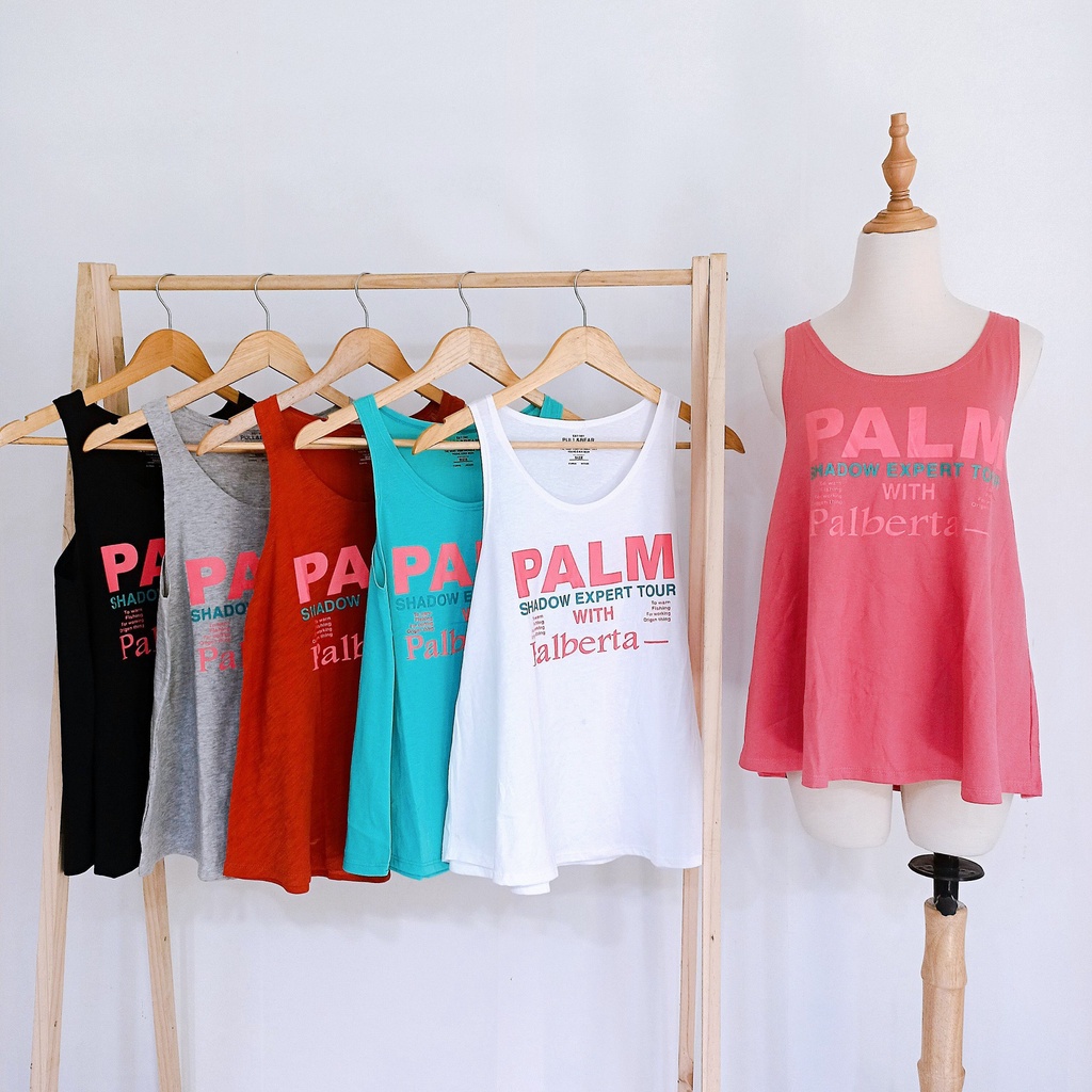 Áo ba lỗ  không tay nữ cổ tròn form rộng dáng xòe in chữ palm đơn giản sát nách thun cotton mặc nhà mát