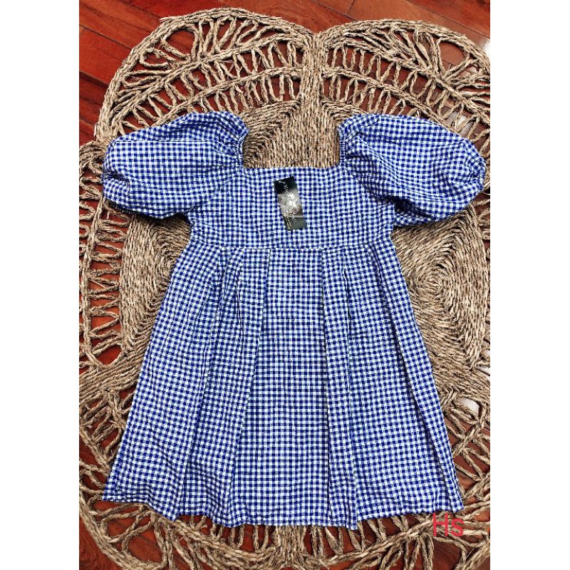 Đầm Babydoll Nữ Kẻ Xanh Cổ Vuông Váy Nữ Tay Bồng Dáng Xòe