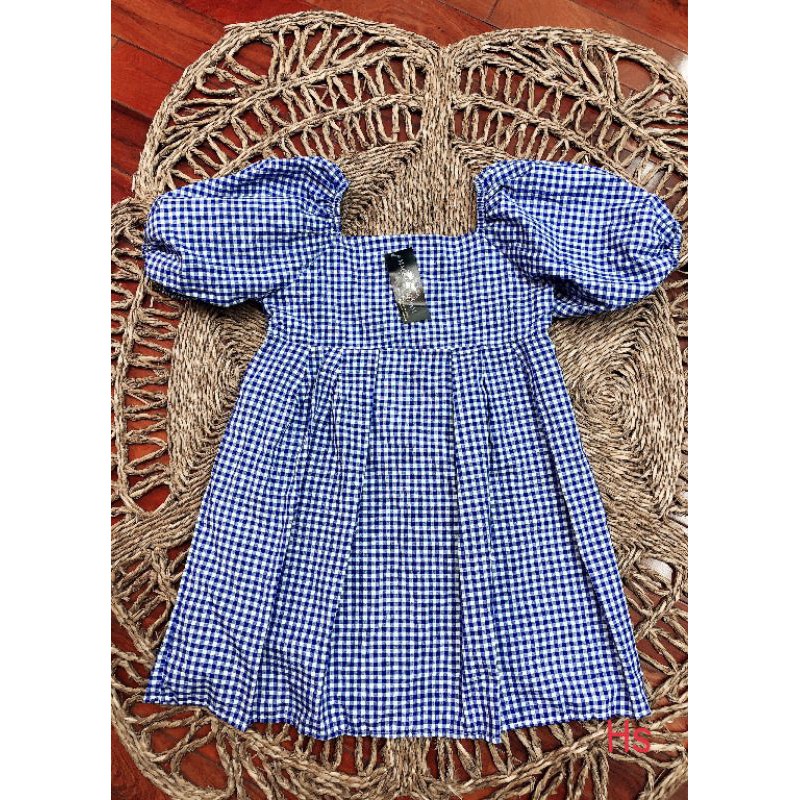 💃 Đầm Babydoll Nữ Kẻ Xanh Cổ Vuông Váy Nữ Tay Bồng Dáng Xòe