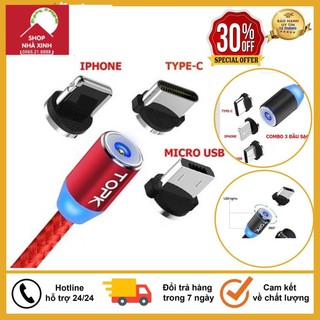 Sạc Nam Châm 3 Đầu Hít SIÊU MẠNH Dành Cho ANDROI/IPHONE/TYPE C, Xoay 360 Độ, Có Đèn Led