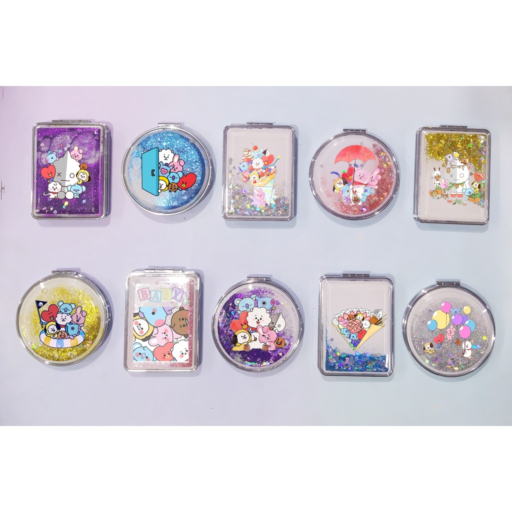 Gương nước chảy kim tuyến bangtan idol chibi in hình GNI3 gương 2 mặt