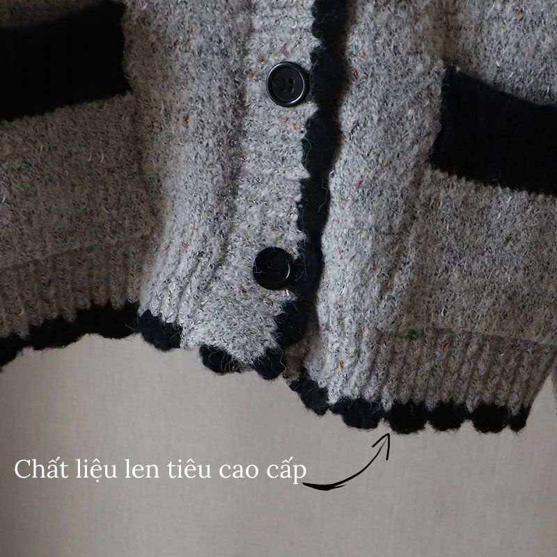 Áo khoác len nữ cổ tim tay dài chất liệu len tiêu mềm mịn bo viền hai túi trước hàng Quảng Châu cao cấp fizano