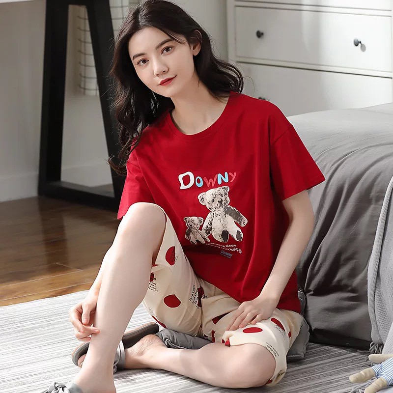 Bộ cotton mặc nhà Quảng Châu cao cấp cộc tay quần lửng co giãn 4 chiều