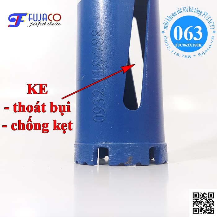 Mũi khoan rút lõi bê tông khô phi 63 x 180 mm FUJACO mũi khoét lỗ chuyên cho thợ điện lạnh lắp điều hòa tốt FJC063X180K