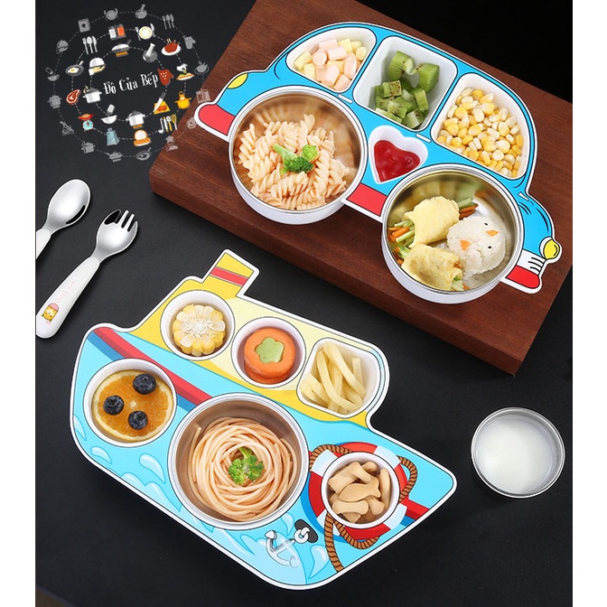 Khay ăn dặm bằng nhựa có nắp 6 ngăn bằng inox 304 cho bé có hình tàu thủy và oto dễ thương kèm theo muỗng nĩa