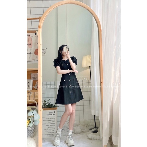 Váy khuy dọc ulzzang cộc tay Tia19. Đầm khuy cộc tay dáng xoè dự tiệc