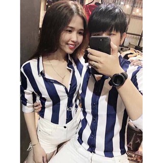 Sơ mi nam nữ in hoạ tiết sọc mẫu mới 2018 ms002