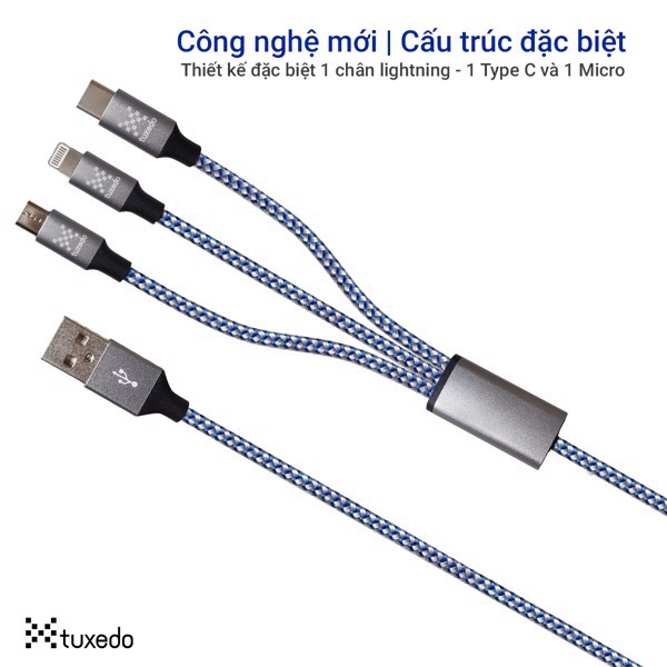 Cáp sạc điện thoại Tuxedo Tesla Series TC-01, 3 in 1 ( bọc dù ), dài 1.2m, 1 đầu Micro USB, 1 đầu Lightning, 1 đầu Type-