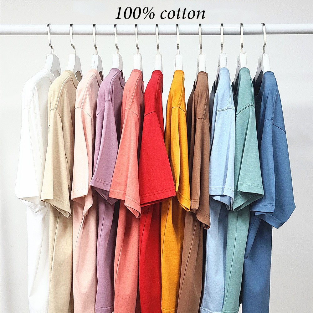 Áo phông trơn Cotton 100% dáng rộng tay lỡ unisex nam nữ nhiều màu basic áo thun oversize có tag thêu