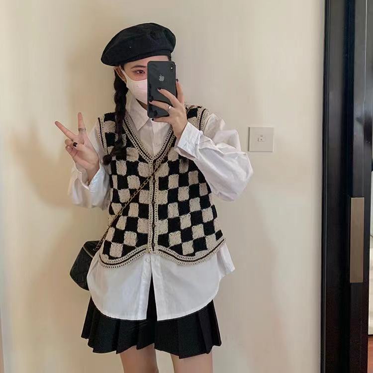 Áo dệt kim không tay họa tiết sọc caro phong cách retro Hàn quốc | BigBuy360 - bigbuy360.vn