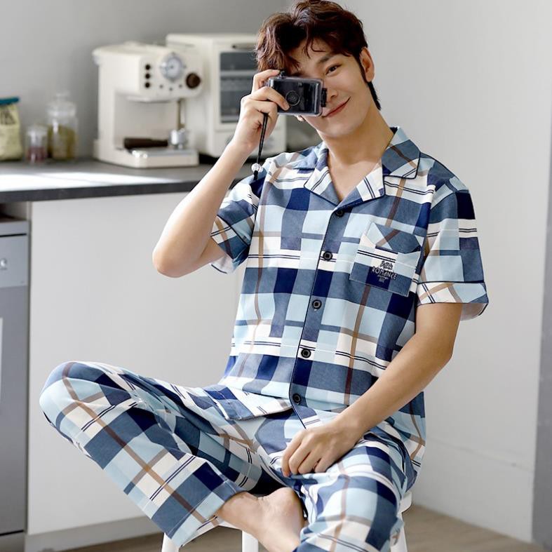 Đồ bộ Pijama cộc tay họa tiết sọc Caro style Hàn Quốc-Đồ bộ nam vải COTTON 100% dày dặn & thông thoáng (613) mềm