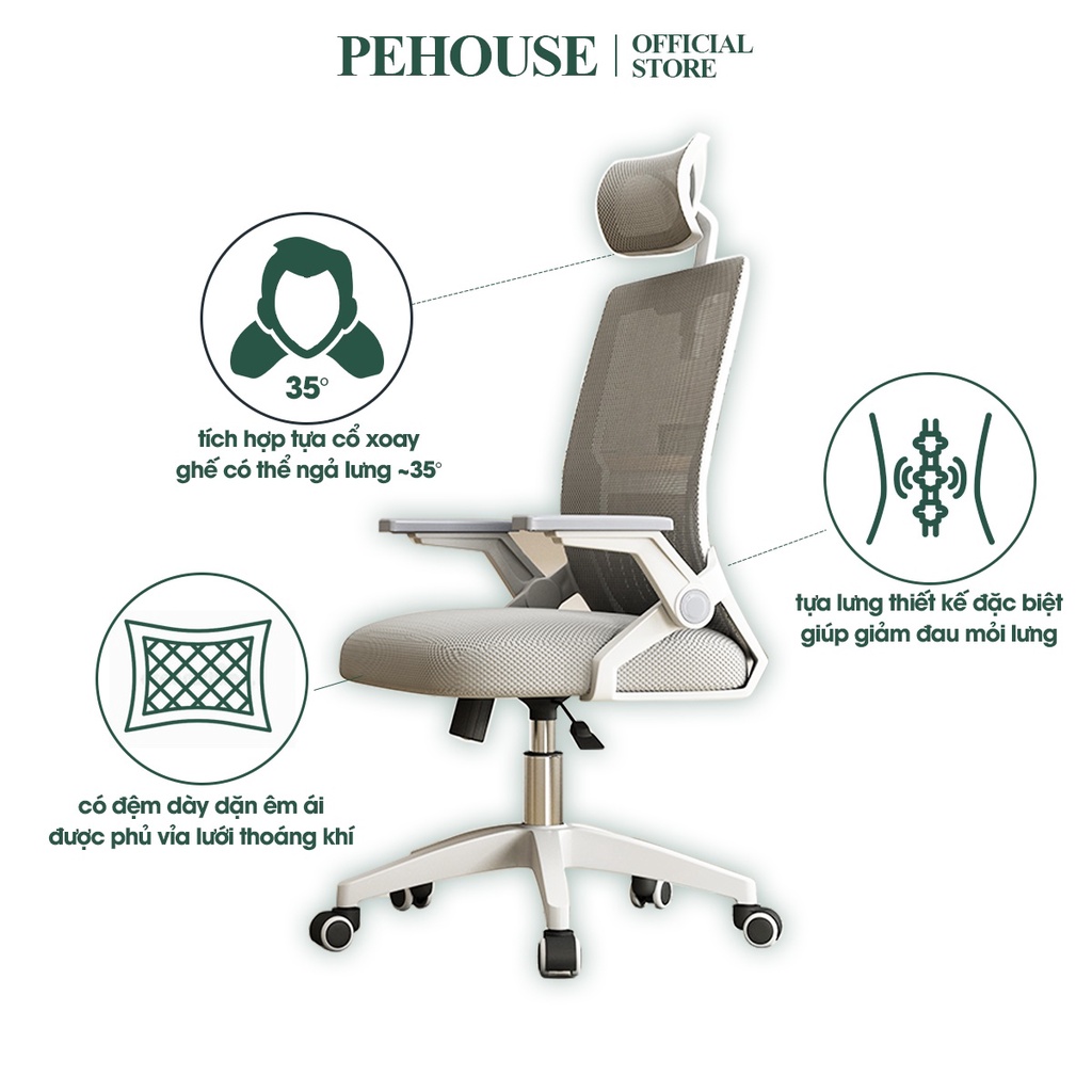 Ghế xoay văn phòng PeHouse ngả lưng 35 độ, vải lưới thoáng khí, tựa đầu và cổ, tựa tay gập 90 độ, lắp đặt dễ - YLF2199