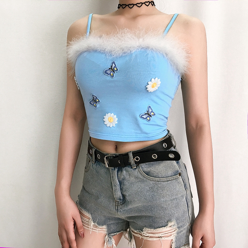 Sexy Women Slim Sling Butterfly Flower Embroidery Tops Off Shoulder Sleeveless Street Camisole