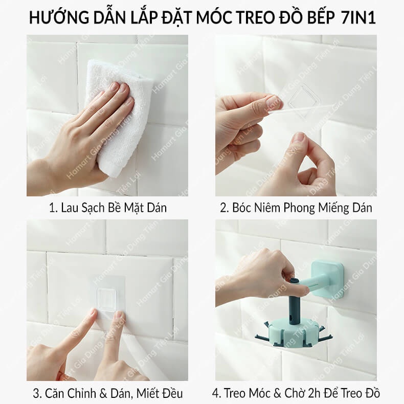 Giá Treo Đồ Nhà Bếp Hamart 7 Móc Treo Đa Năng Gập Gọn Xoay 360° Kèm Miếng Dán Tường Siêu Dính